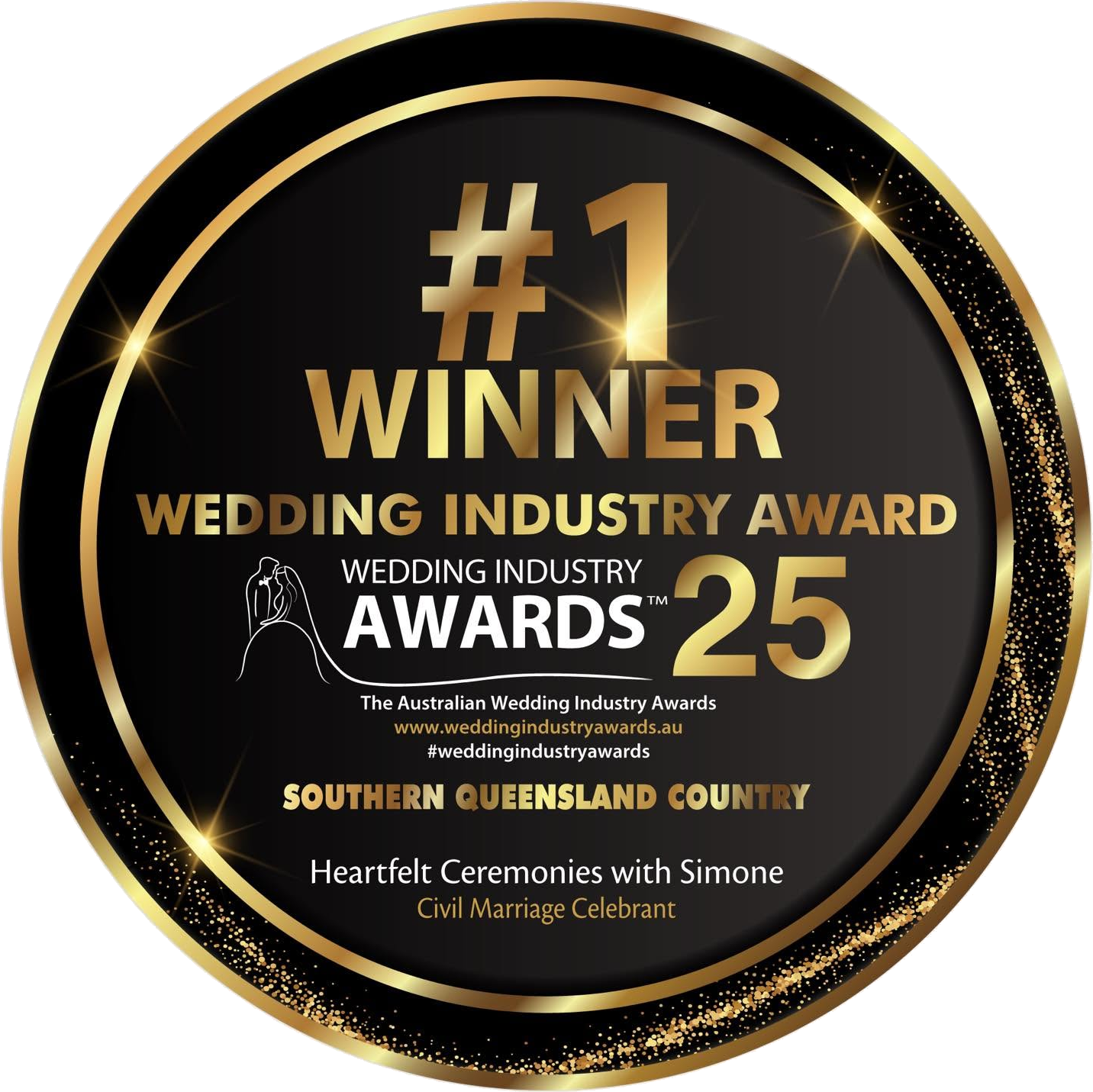 Number 1 Winner badge, Australian Wedding Industry Awards 2025, Southern Queensland Country Civil Marriage Celebrant