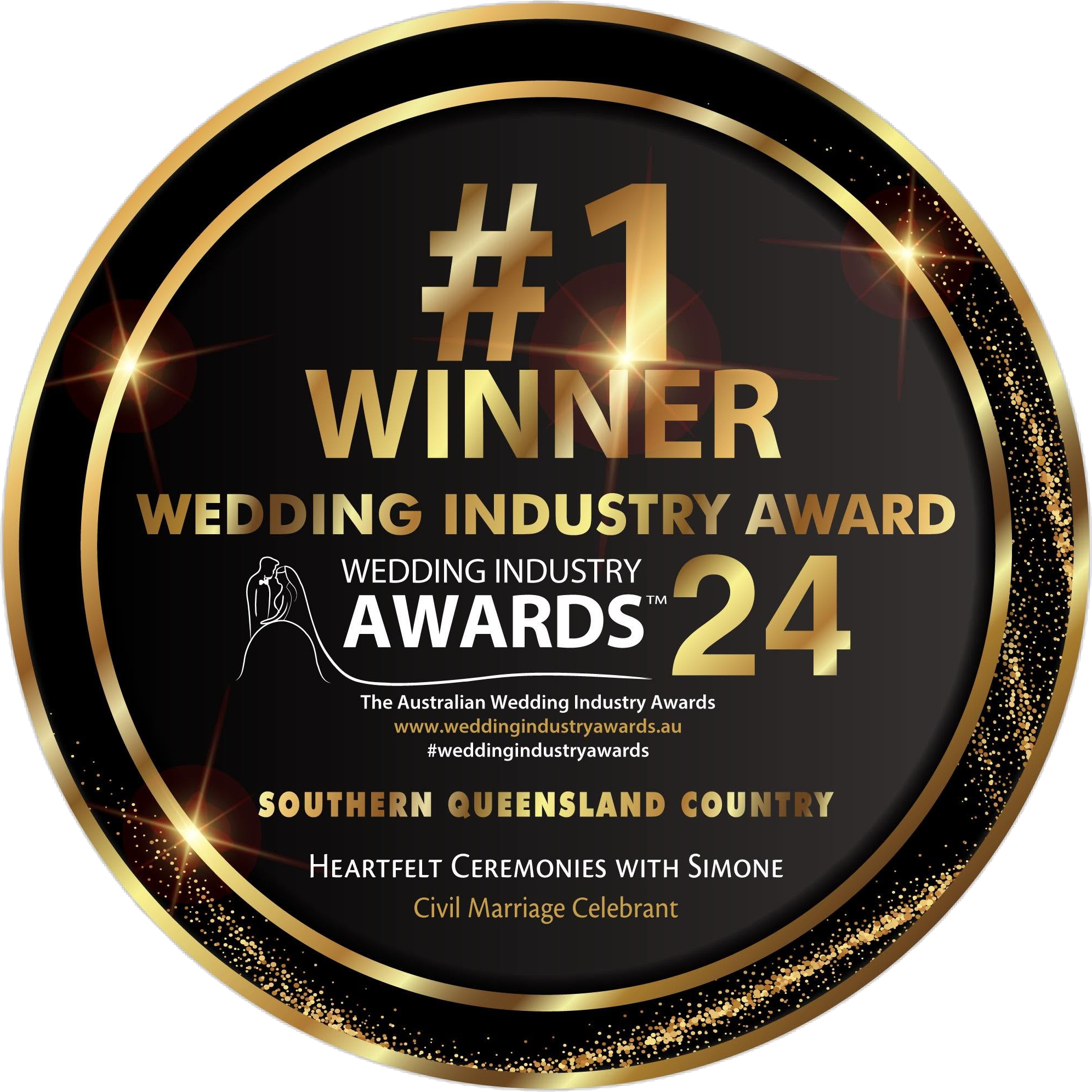 Number 1 Winner badge, Australian Wedding Industry Awards 2024, Southern Queensland Country Civil Marriage Celebrant